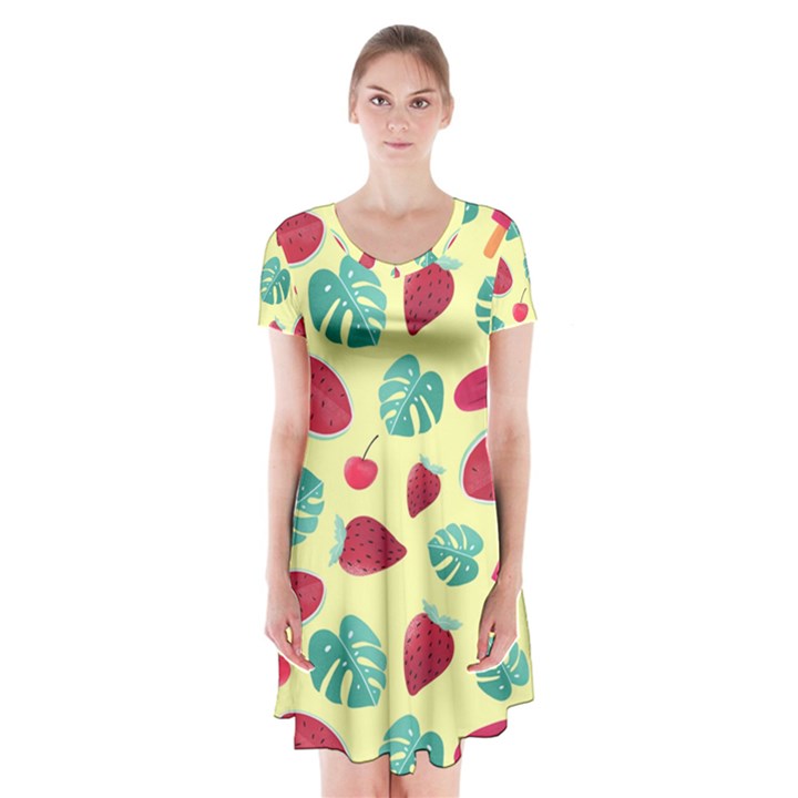 Watermelons, fruits and ice cream, pastel colors, at yellow Short Sleeve V-neck Flare Dress
