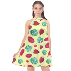 Watermelons, Fruits And Ice Cream, Pastel Colors, At Yellow Halter Neckline Chiffon Dress  by Casemiro