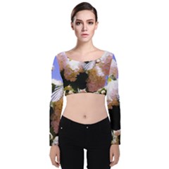 Pink Snowball Branch Velvet Long Sleeve Crop Top