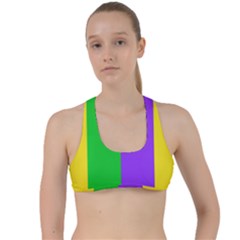 New Orleans Carnival Colors Mardi Gras Criss Cross Racerback Sports Bra by yoursparklingshop