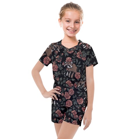 Raccoon Floral Kids  Mesh Tee And Shorts Set by BubbSnugg