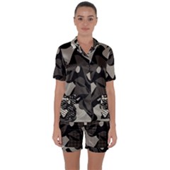 Trippy Sepia Paint Splash, Brown, Army Style Camo, Dotted Abstract Pattern Satin Short Sleeve Pyjamas Set by Casemiro