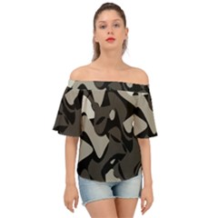 Trippy Sepia Paint Splash, Brown, Army Style Camo, Dotted Abstract Pattern Off Shoulder Short Sleeve Top by Casemiro