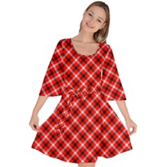 Three Color Tartan, Red Grey, Black Buffalo Plaid Theme Velour Kimono Dress by Casemiro