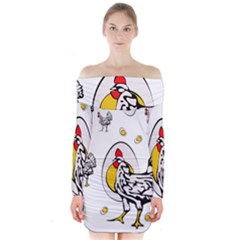 Roseanne Chicken, Retro Chickens Long Sleeve Off Shoulder Dress