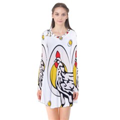 Roseanne Chicken, Retro Chickens Long Sleeve V-neck Flare Dress by EvgeniaEsenina