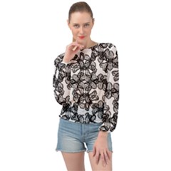 Stylized Botanical Motif Black And White Print Banded Bottom Chiffon Top by dflcprintsclothing