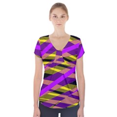 Abstract Geometric Blocks, Yellow, Orange, Purple Triangles, Modern Design Short Sleeve Front Detail Top by Casemiro