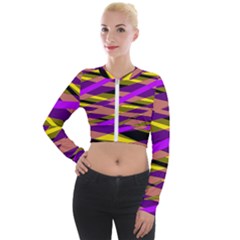 Abstract Geometric Blocks, Yellow, Orange, Purple Triangles, Modern Design Long Sleeve Cropped Velvet Jacket by Casemiro