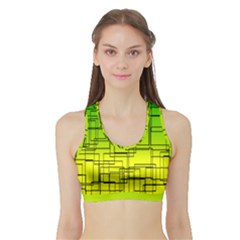 Geometrical Lines Pattern, Asymmetric Blocks Theme, Line Art Sports Bra With Border