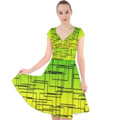 Geometrical Lines Pattern, Asymmetric Blocks Theme, Line Art Cap Sleeve Front Wrap Midi Dress by Casemiro