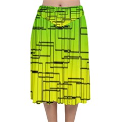 Geometrical Lines Pattern, Asymmetric Blocks Theme, Line Art Velvet Flared Midi Skirt by Casemiro