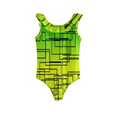 Geometrical Lines Pattern, Asymmetric Blocks Theme, Line Art Kids  Frill Swimsuit by Casemiro