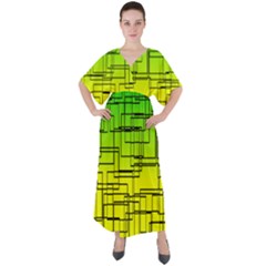 Geometrical Lines Pattern, Asymmetric Blocks Theme, Line Art V-neck Boho Style Maxi Dress by Casemiro