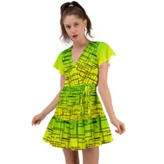 Geometrical Lines Pattern, Asymmetric Blocks Theme, Line Art Flutter Sleeve Wrap Dress by Casemiro