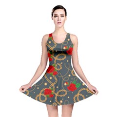 Golden Chain Pattern Rose Flower 2 Reversible Skater Dress by designsbymallika
