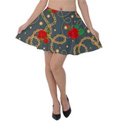 Golden Chain Pattern Rose Flower 2 Velvet Skater Skirt