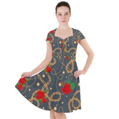 Golden Chain Pattern Rose Flower 2 Cap Sleeve Midi Dress