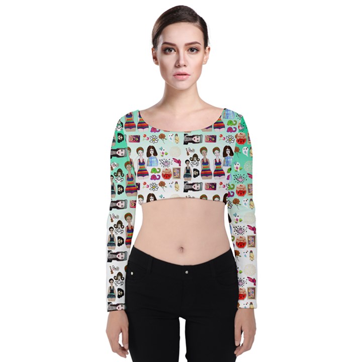 Kawaii Collage Green Ombre Velvet Long Sleeve Crop Top