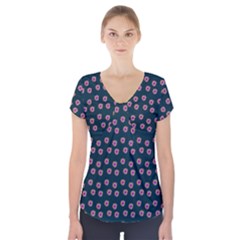 Peach Purple Daisy Flower Teal Short Sleeve Front Detail Top by snowwhitegirl