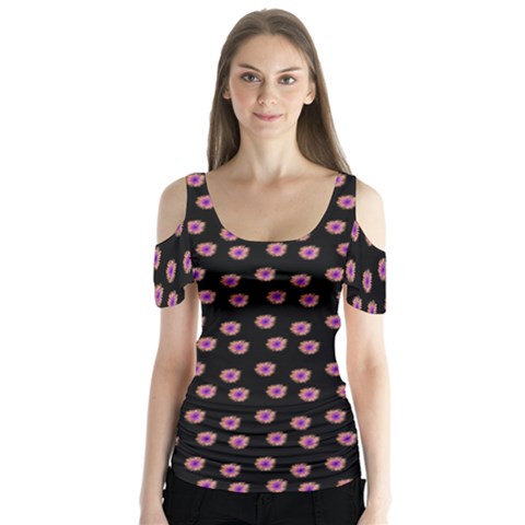 Peach Purple Daisy Flower Black Butterfly Sleeve Cutout Tee  by snowwhitegirl