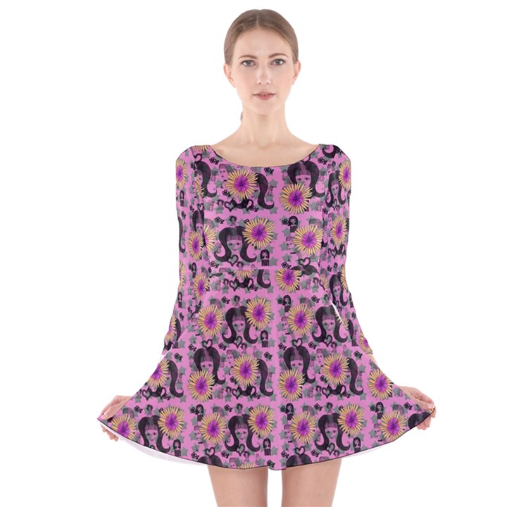 60s Girl Floral Pink Long Sleeve Velvet Skater Dress