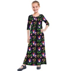 60s Girl Floral Daisy Black Kids  Quarter Sleeve Maxi Dress by snowwhitegirl