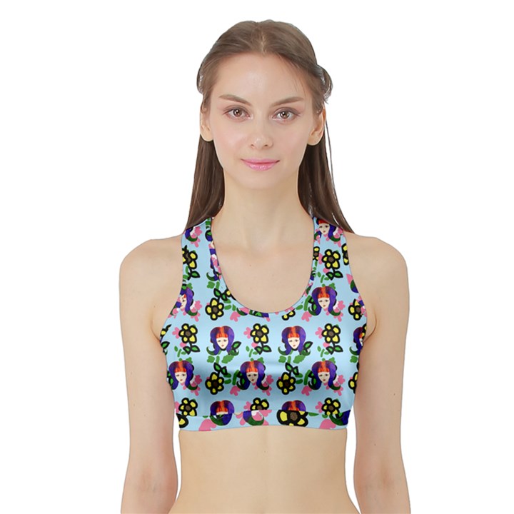 60s Girl Light Blue Floral Daisy Sports Bra with Border