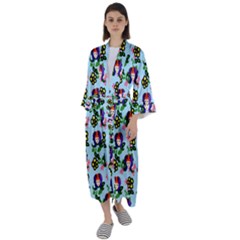 60s Girl Light Blue Floral Daisy Maxi Satin Kimono