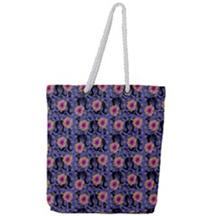 60s Girl Floral Blue Full Print Rope Handle Tote (large)