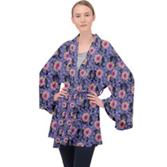 60s Girl Floral Blue Long Sleeve Velvet Kimono  by snowwhitegirl