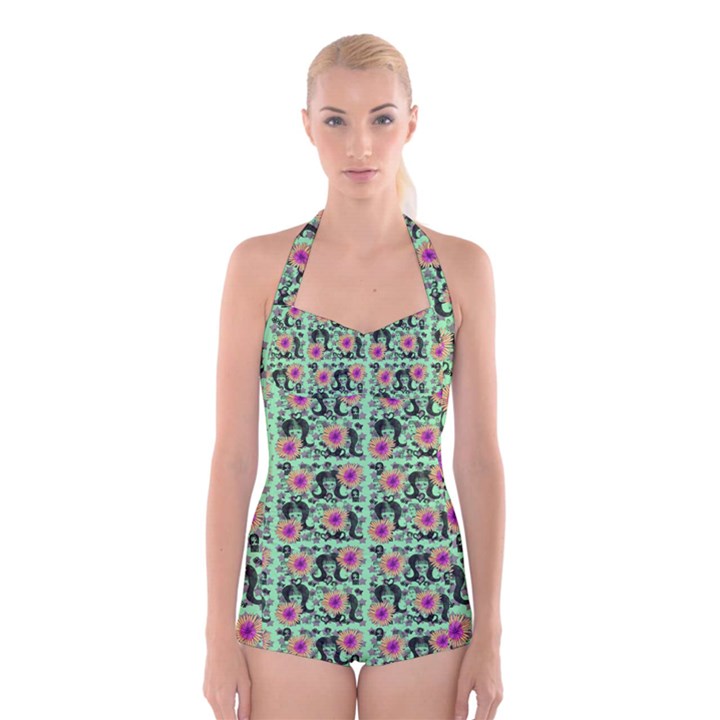 60s Girl Floral Green Boyleg Halter Swimsuit 