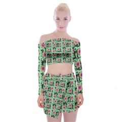 60s Girl Floral Green Off Shoulder Top With Mini Skirt Set