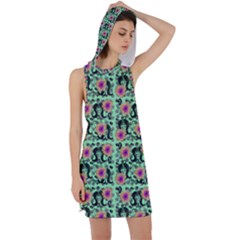 60s Girl Floral Green Racer Back Hoodie Dress