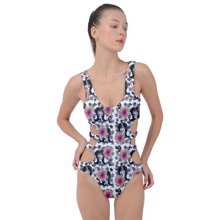 60s Girl Floral White Side Cut Out Swimsuit
