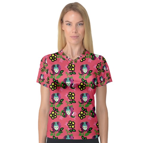 60s Girl Dark Pink Floral Daisy V-neck Sport Mesh Tee by snowwhitegirl