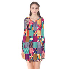 Geometric Mosaic Long Sleeve V-neck Flare Dress by designsbymallika