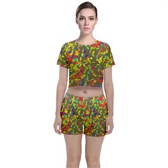 Colorful Brush Strokes Painting On A Green Background                                                   Crop Top And Shorts Co-ord Set