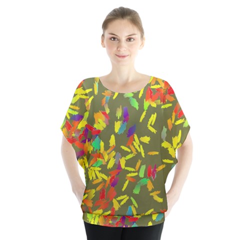 Colorful Brush Strokes Painting On A Green Background                                                     Batwing Chiffon Blouse by LalyLauraFLM