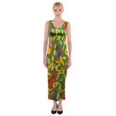 Colorful Brush Strokes Painting On A Green Background                                                    Fitted Maxi Dress