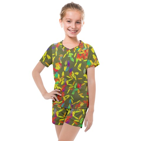 Colorful Brush Strokes Painting On A Green Background                                                    Kids  Mesh Tee And Shorts Set by LalyLauraFLM