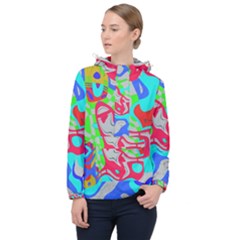 Colorful Distorted Shapes On A Grey Background                                                     Women Hooded Front Pocket Windbreaker by LalyLauraFLM