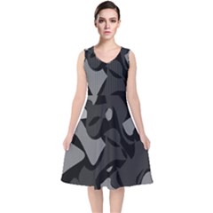Trippy, Asymmetric Black And White, Paint Splash, Brown, Army Style Camo, Dotted Abstract Pattern V-neck Midi Sleeveless Dress  by Casemiro
