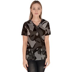 Trippy, Asymmetric Black And White, Paint Splash, Brown, Army Style Camo, Dotted Abstract Pattern Women s V-neck Scrub Top by Casemiro