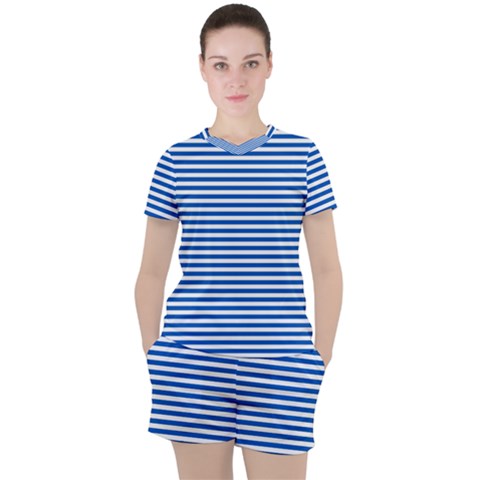 Classic Marine Stripes Pattern, Retro Stylised Striped Theme Women s Tee And Shorts Set by Casemiro