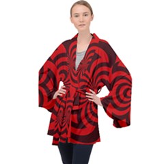 Spiral Abstraction Red, Abstract Curves Pattern, Mandala Style Long Sleeve Velvet Kimono  by Casemiro