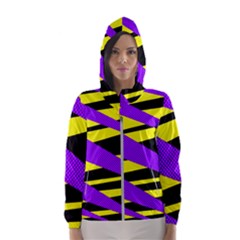 Abstract Triangles, Three Color Dotted Pattern, Purple, Yellow, Black In Saturated Colors Women s Hooded Windbreaker by Casemiro