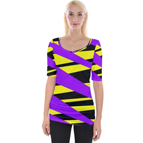 Abstract Triangles, Three Color Dotted Pattern, Purple, Yellow, Black In Saturated Colors Wide Neckline Tee by Casemiro