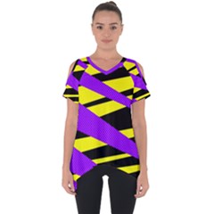 Abstract Triangles, Three Color Dotted Pattern, Purple, Yellow, Black In Saturated Colors Cut Out Side Drop Tee