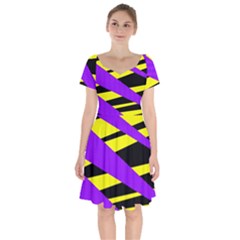 Abstract Triangles, Three Color Dotted Pattern, Purple, Yellow, Black In Saturated Colors Short Sleeve Bardot Dress by Casemiro